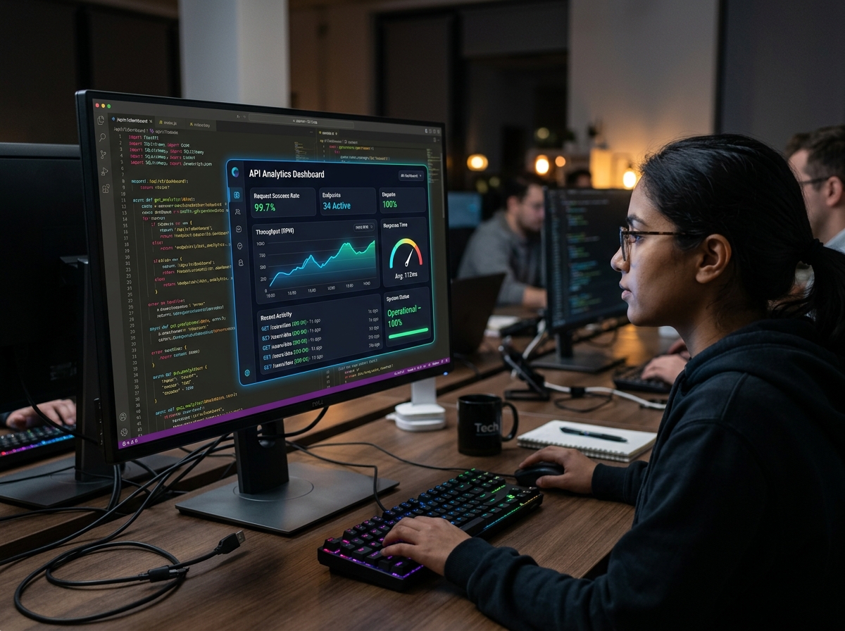 A sleek modern user interface overlaying complex backend API code - GPT Wrappers & AI Infrastructure