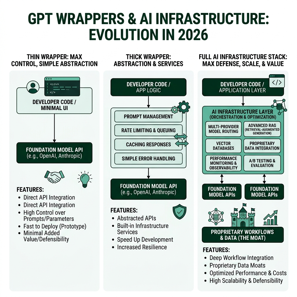 Diagram comparing thin wrappers, thick wrappers, and full AI infrastructure stack in 2026 - GPT Wrappers & AI Infrastructure