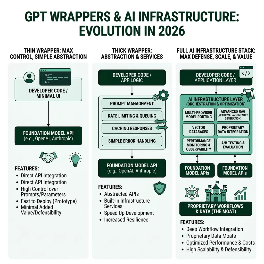 Diagram comparing thin wrappers, thick wrappers, and full AI infrastructure stack in 2026 - GPT Wrappers & AI Infrastructure Diagram comparing thin wrappers, thick wrappers, and full AI infrastructure stack in 2026 - GPT Wrappers & AI Infrastructure