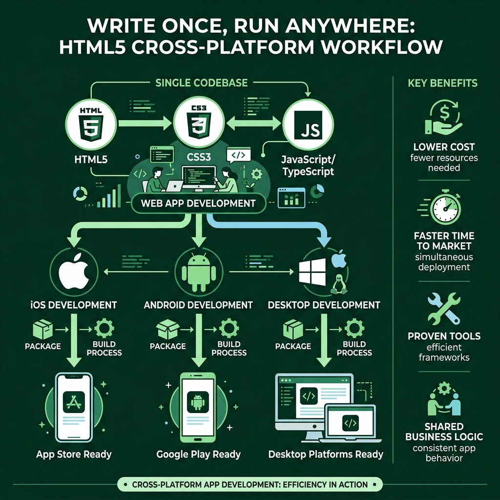Write Once Run Anywhere HTML5 cross-platform workflow diagram showing iOS Android Desktop from one codebase - html5 cross
