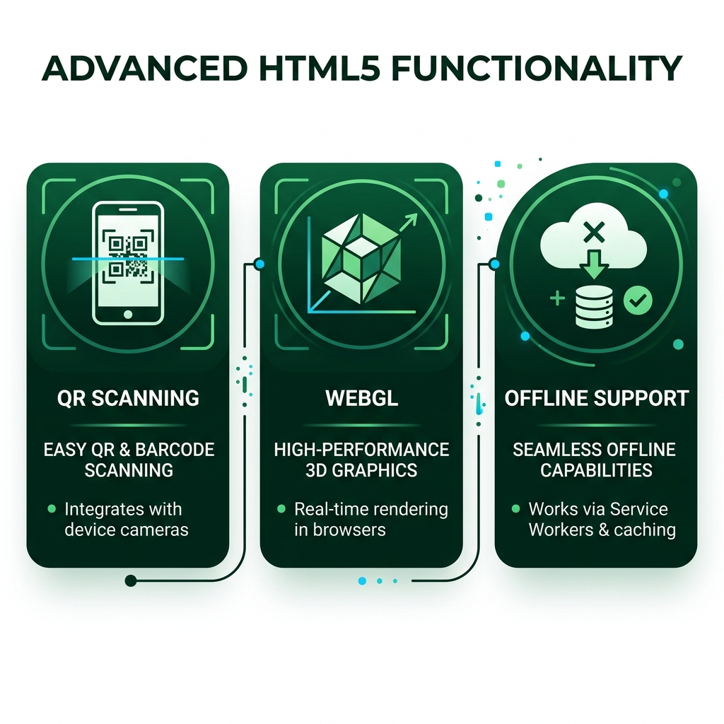 HTML5 advanced functionality infographic showing QR scanning WebGL and offline support icons - html5 cross platform