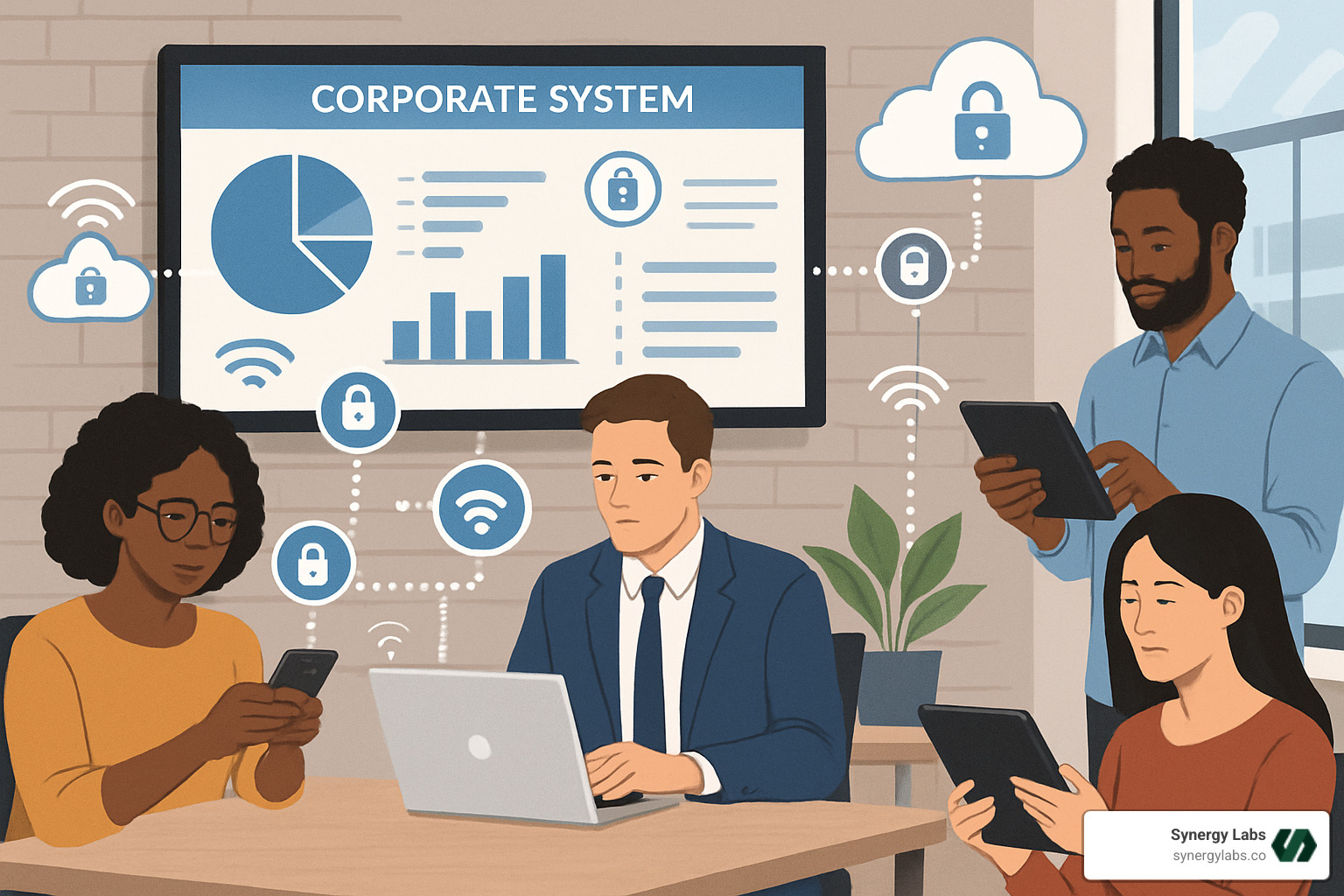 Enterprise mobility solutions components showing mobile devices connected to corporate systems - Enterprise mobility solutions Enterprise mobility solutions components showing mobile devices connected to corporate systems - Enterprise mobility solutions