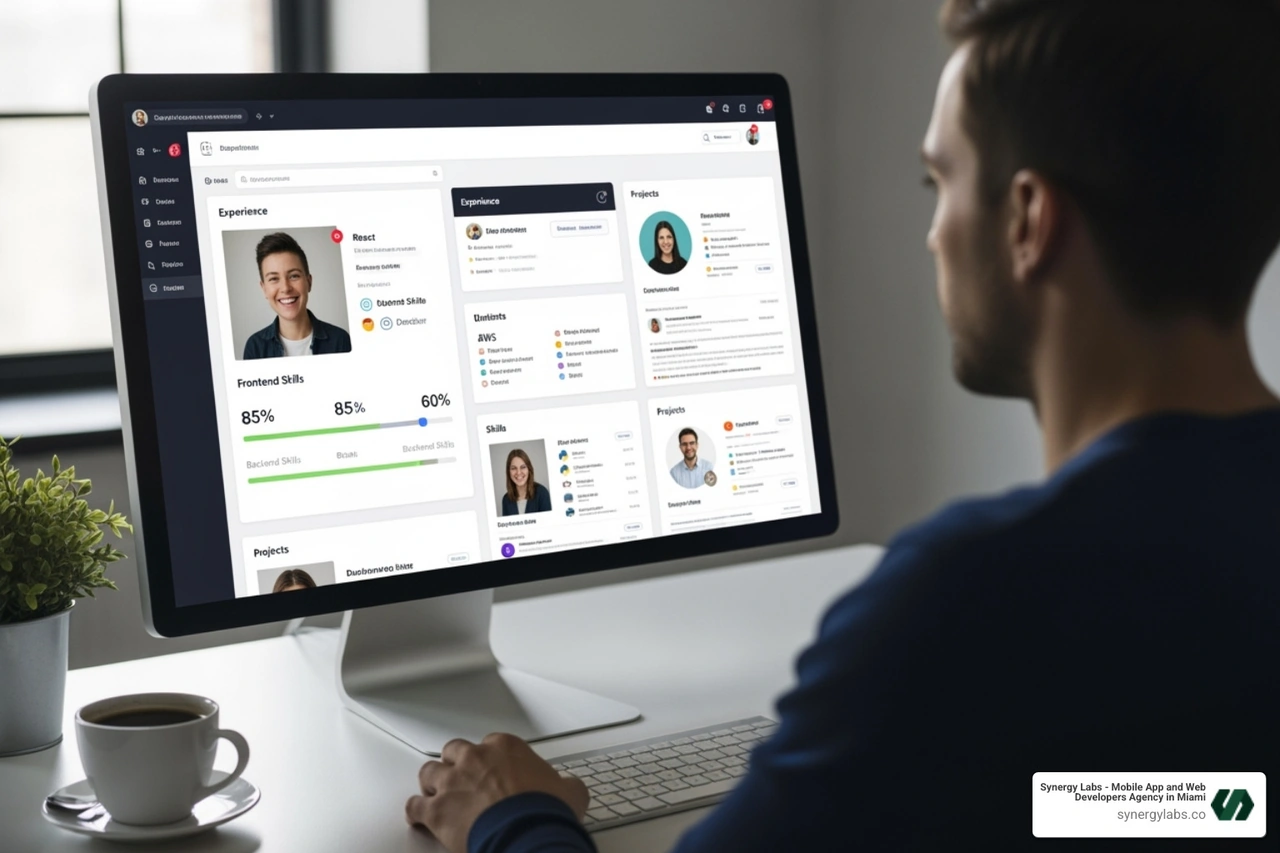 person evaluating different developer profiles on a screen - social media application developers person evaluating different developer profiles on a screen - social media application developers