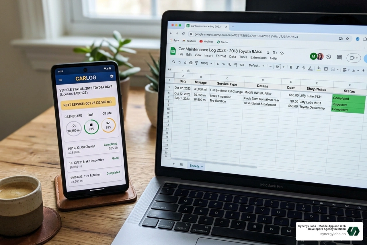 smartphone syncing car maintenance data with laptop spreadsheet - car maintenance google sheet