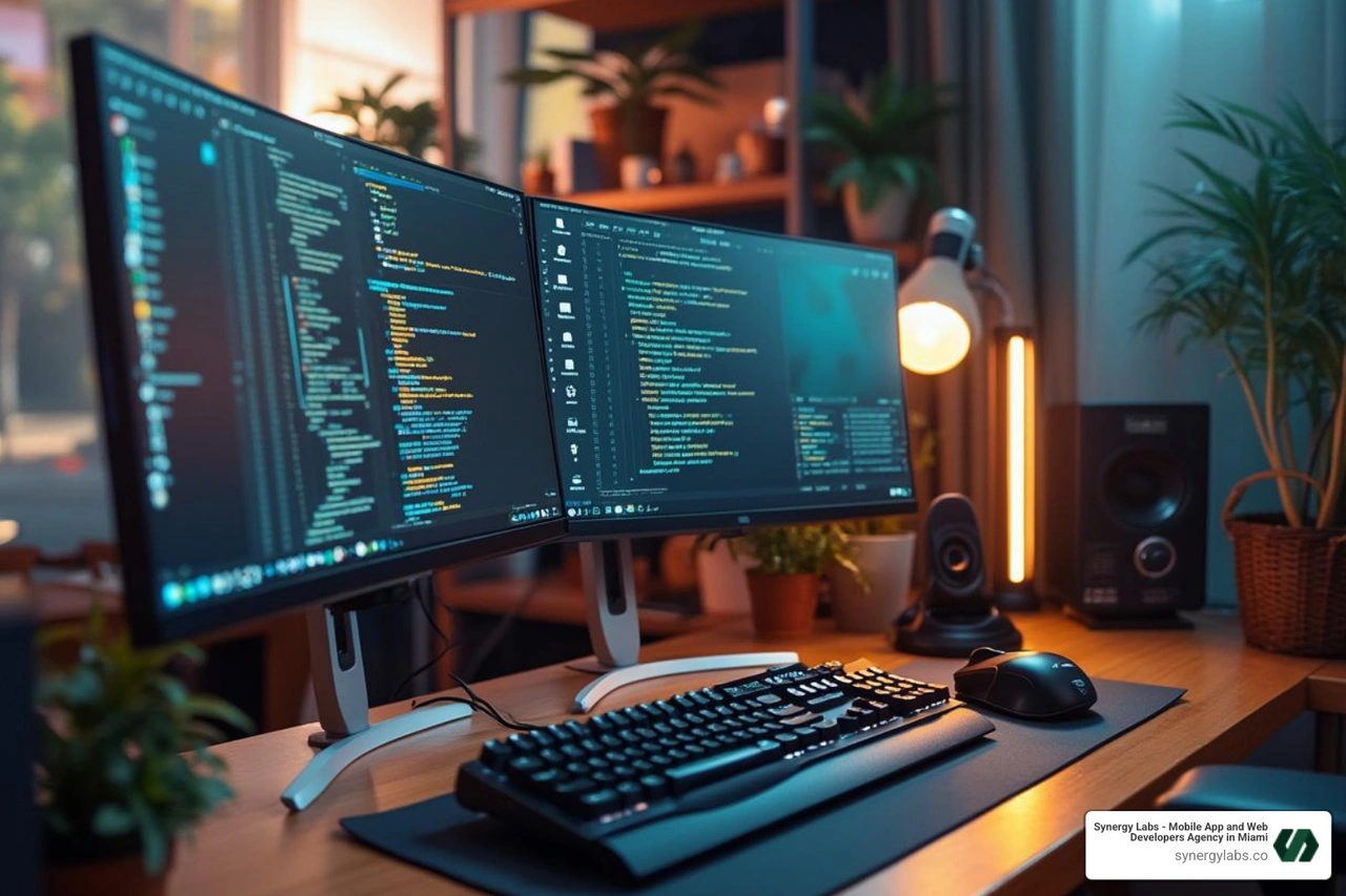 developer's dual-monitor setup - custom mobile software development developer's dual-monitor setup - custom mobile software development
