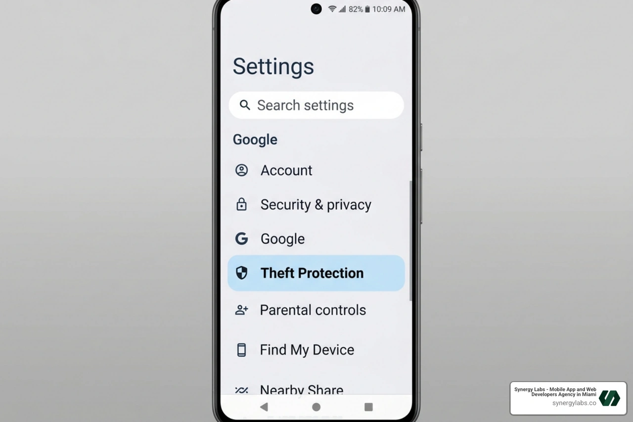Android Settings menu highlighting the Theft Protection section under Google services - remote lock android phone