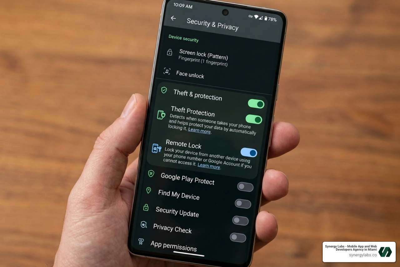 Android 15 security interface showing Theft Protection and Remote Lock settings - remote lock android phone