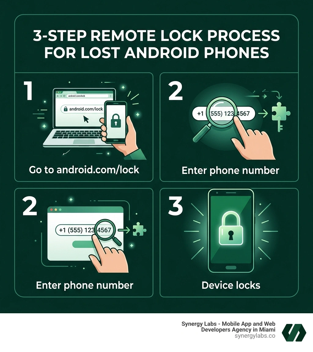 3-step Remote Lock process for lost Android phones: Go to android.com/lock, enter phone number, device locks - remote lock