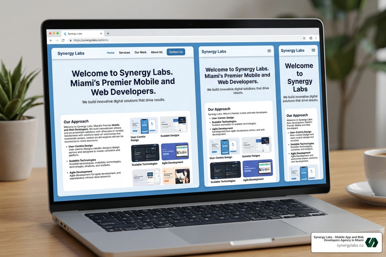 Responsive Flutter web layout showing desktop, tablet, and mobile breakpoints