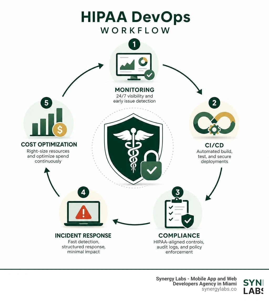 HIPAA DevOps workflow infographic showing monitoring, CI/CD, compliance, incident response, and cost optimization steps