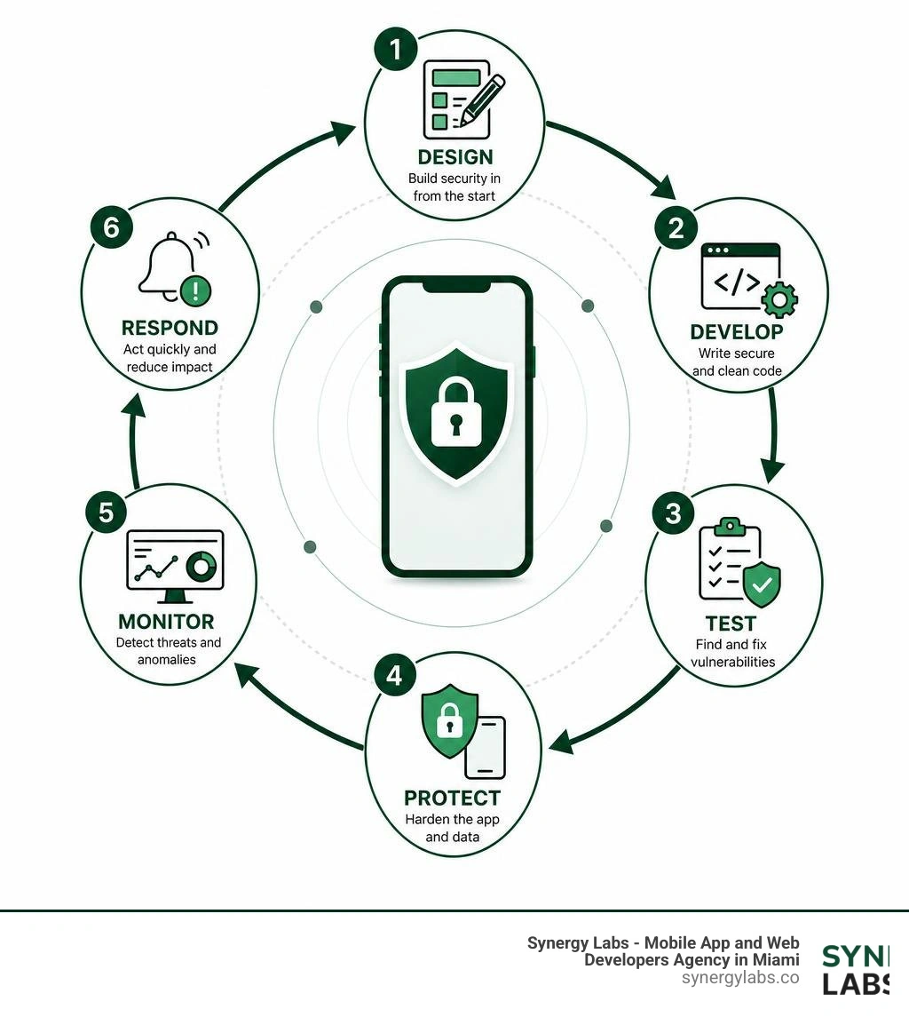 Mobile app security lifecycle: design, develop, test, protect, monitor, respond infographic