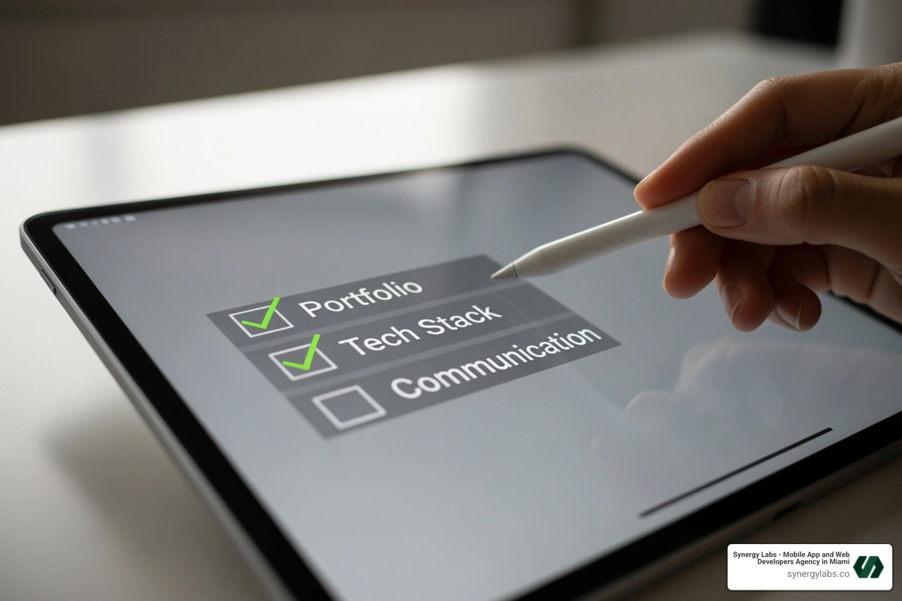 A checklist on a digital tablet with items like 'Portfolio,' 'Tech Stack,' and 'Communication' for selecting an app development partner - Finding a Mobile App Partner in Chicago: How to Build for Scale A checklist on a digital tablet with items like 'Portfolio,' 'Tech Stack,' and 'Communication' for selecting an app development partner - Finding a Mobile App Partner in Chicago: How to Build for Scale