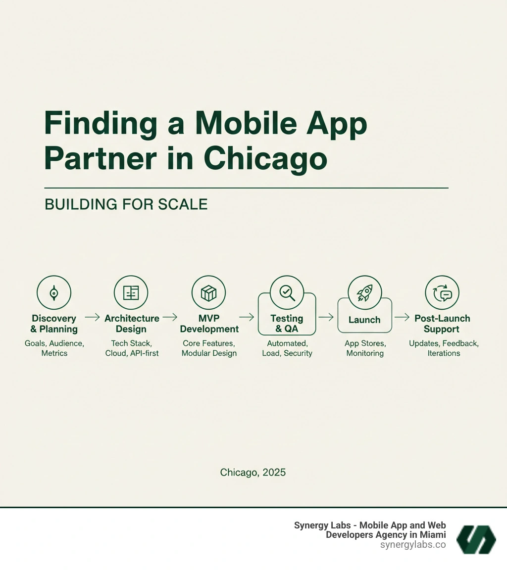 Infographic showing the key stages of building a scalable mobile app: 1. Discovery & Planning (Define goals, audience, and success metrics), 2. Architecture Design (Choose tech stack, cloud infrastructure, and API-first approach), 3. MVP Development (Build core features with modular design), 4. Testing & QA (Automated testing, load testing, security audits), 5. Launch (Deploy to app stores with monitoring), 6. Post-Launch Support (Maintenance, updates, feature iterations, user feedback integration) - Finding a Mobile App Partner in Chicago: How to Build for Scale infographic infographic-line-3-steps-elegant_beige Infographic showing the key stages of building a scalable mobile app: 1. Discovery & Planning (Define goals, audience, and success metrics), 2. Architecture Design (Choose tech stack, cloud infrastructure, and API-first approach), 3. MVP Development (Build core features with modular design), 4. Testing & QA (Automated testing, load testing, security audits), 5. Launch (Deploy to app stores with monitoring), 6. Post-Launch Support (Maintenance, updates, feature iterations, user feedback integration) - Finding a Mobile App Partner in Chicago: How to Build for Scale infographic infographic-line-3-steps-elegant_beige