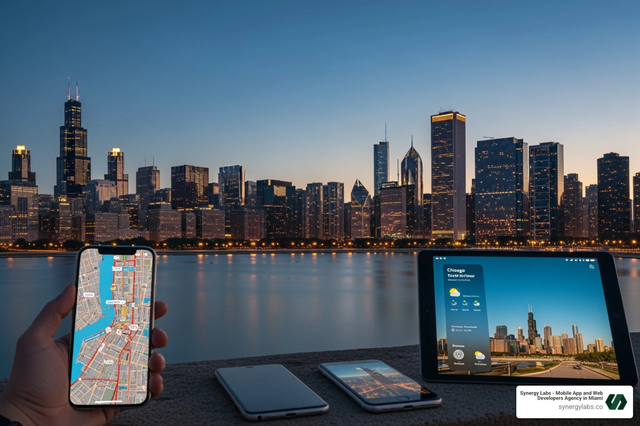 Chicago skyline with mobile devices - Mobile App Development Agency Chicago: Proven Processes and Local Case Studies Chicago skyline with mobile devices - Mobile App Development Agency Chicago: Proven Processes and Local Case Studies