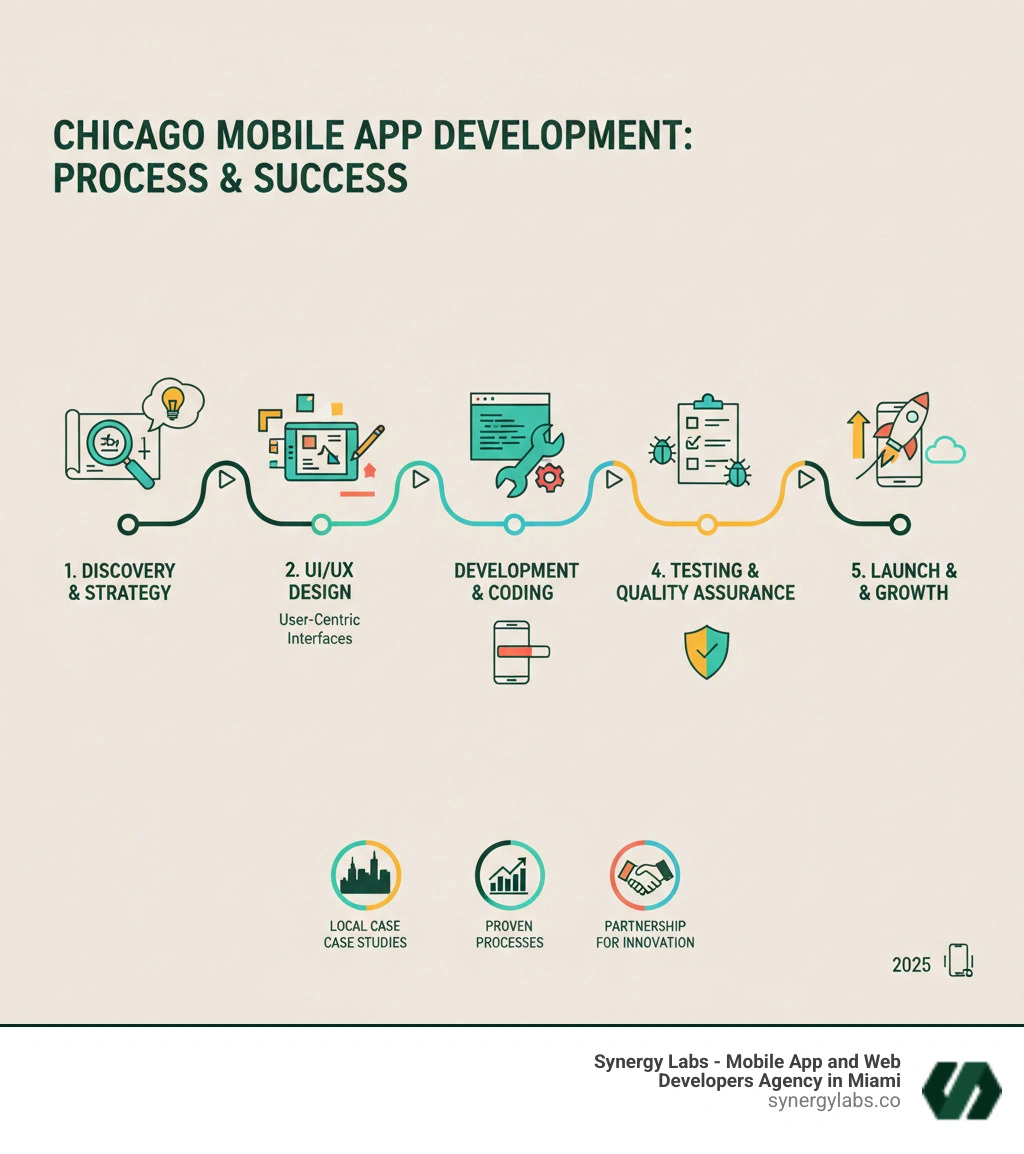 Infographic showing the mobile app development lifecycle: Discovery & Strategy (1-2 weeks) → UI/UX Design & Prototyping (3-6 weeks) → Agile Development Sprints (7-20 weeks) → Quality Assurance Testing (ongoing) → Launch & Deployment (21-22 weeks) → Post-Launch Support (continuous). Each phase includes key deliverables and outcomes, with arrows connecting each stage in a circular flow emphasizing the iterative nature of the process. - Mobile App Development Agency Chicago: Proven Processes and Local Case Studies infographic Infographic showing the mobile app development lifecycle: Discovery & Strategy (1-2 weeks) → UI/UX Design & Prototyping (3-6 weeks) → Agile Development Sprints (7-20 weeks) → Quality Assurance Testing (ongoing) → Launch & Deployment (21-22 weeks) → Post-Launch Support (continuous). Each phase includes key deliverables and outcomes, with arrows connecting each stage in a circular flow emphasizing the iterative nature of the process. - Mobile App Development Agency Chicago: Proven Processes and Local Case Studies infographic