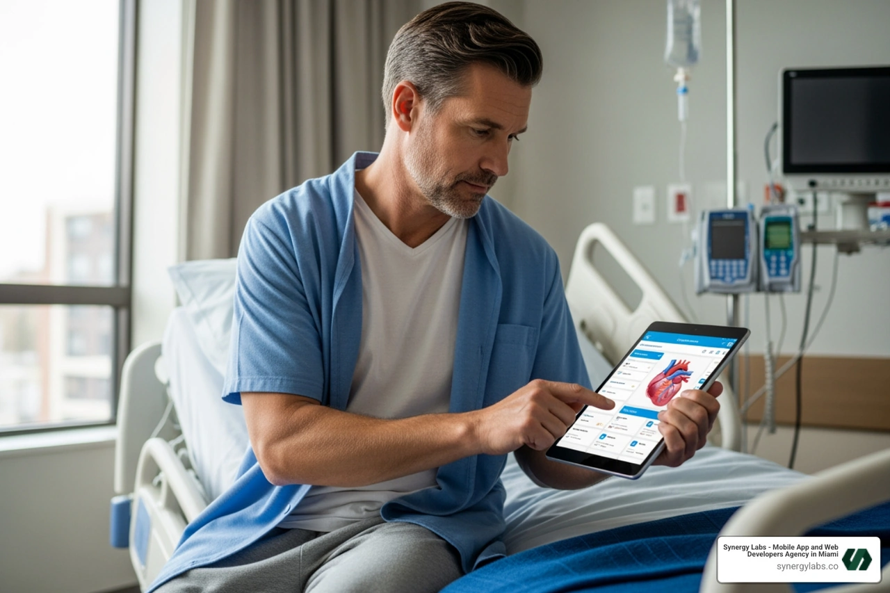 A patient using a healthcare app on a tablet - Mobile App Development Agency Chicago: Proven Processes and Local Case Studies A patient using a healthcare app on a tablet - Mobile App Development Agency Chicago: Proven Processes and Local Case Studies