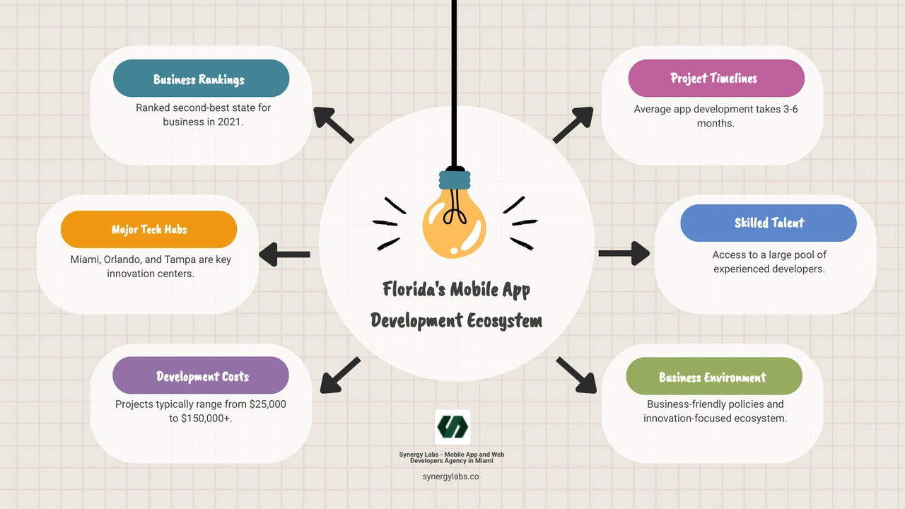 Infographic showing Florida's mobile app development ecosystem with statistics on business rankings, major tech hubs (Miami, Orlando, Tampa), average development costs ($25K-$150K+), typical timelines (3-6 months), and key advantages like skilled talent pools, business-friendly policies, and innovation focus - mobile application development company florida infographic brainstorm-6-items Infographic showing Florida's mobile app development ecosystem with statistics on business rankings, major tech hubs (Miami, Orlando, Tampa), average development costs ($25K-$150K+), typical timelines (3-6 months), and key advantages like skilled talent pools, business-friendly policies, and innovation focus - mobile application development company florida infographic brainstorm-6-items