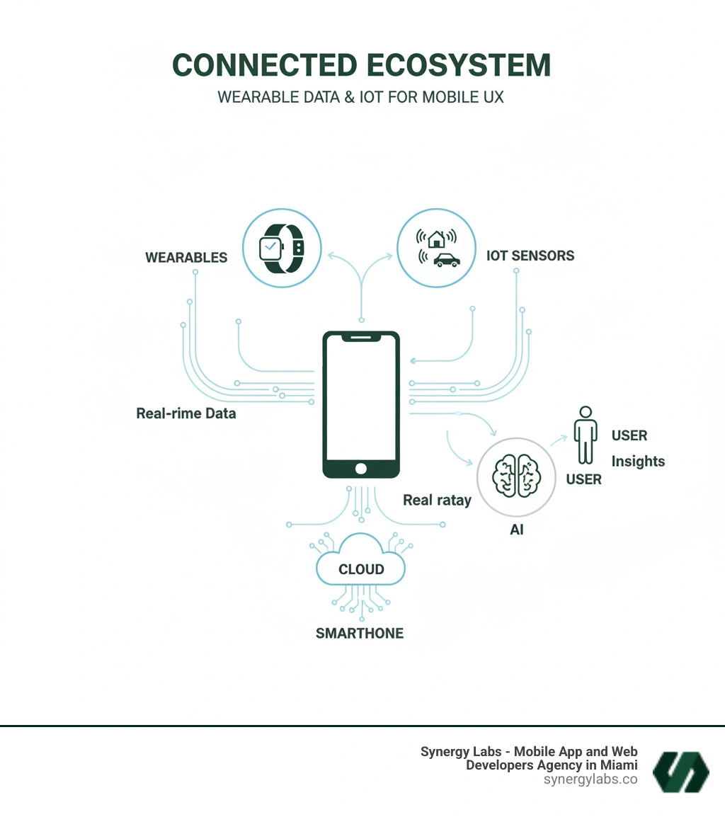 infographic showing the connected ecosystem of wearables IoT sensors smartphone cloud AI and user with data flowing between devices in real time - The Future of Mobile UX: Wearable Data, IoT Sensors, and Always-On Insights infographic 