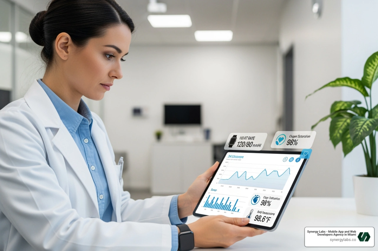 doctor reviewing patient data from wearable device on tablet - The Future of Mobile UX: Wearable Data, IoT Sensors, and Always-On Insights