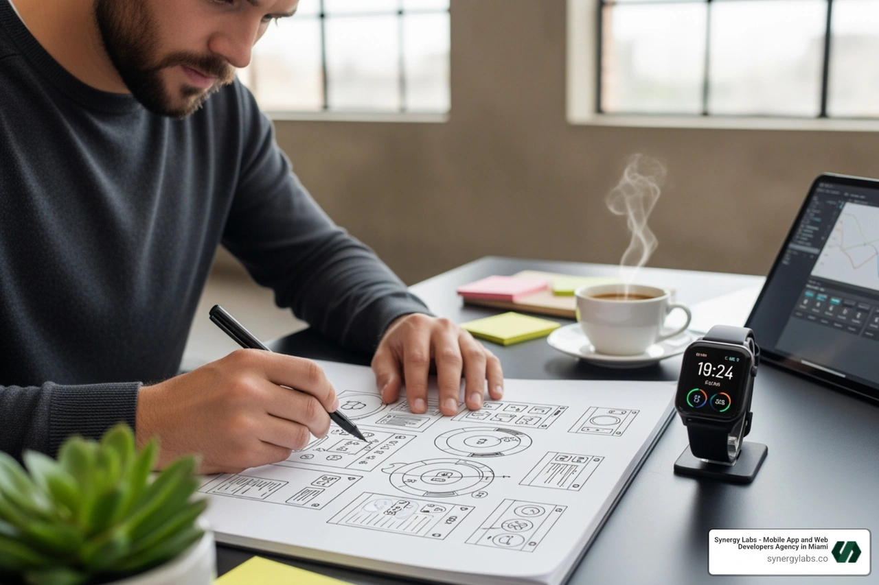 UI/UX designer sketching interface for smartwatch app - The Future of Mobile UX: Wearable Data, IoT Sensors, and Always-On Insights