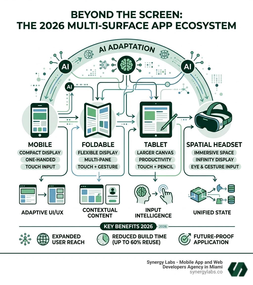 Multi-surface app ecosystem showing mobile foldable tablet spatial headset and AI adaptation - Beyond the Screen: The 2026