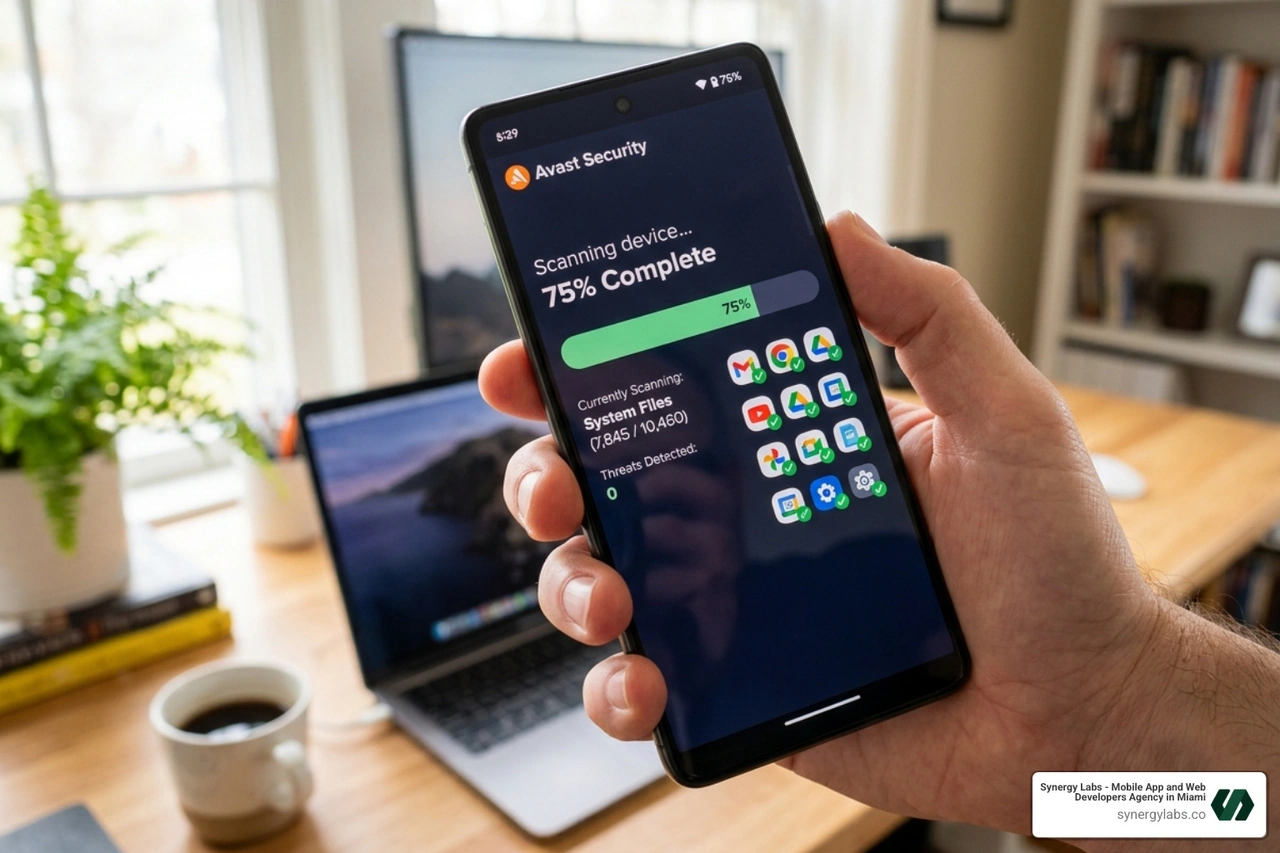 Antivirus scan in progress on a modern Android smartphone - best free virus protection for android phone