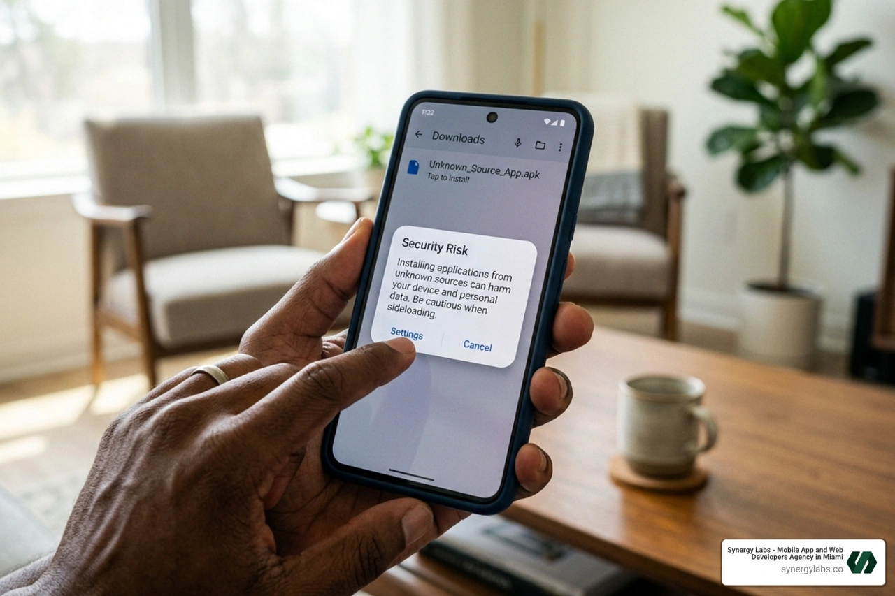 User sideloading an app on an Android device with a warning message appearing - best free virus protection for android phone