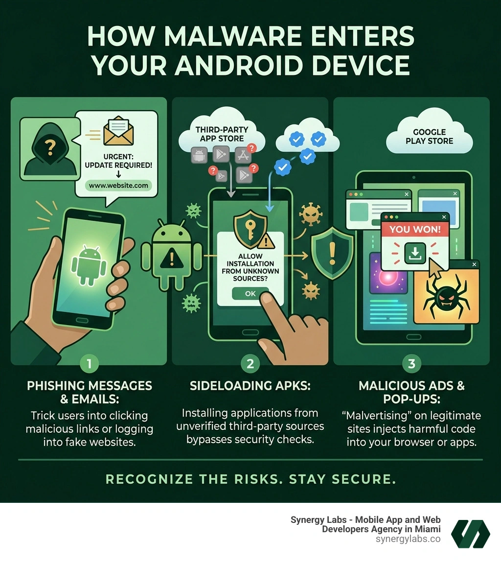 Infographic explaining how malware enters Android devices through phishing, sideloading, and malicious ads - best free virus