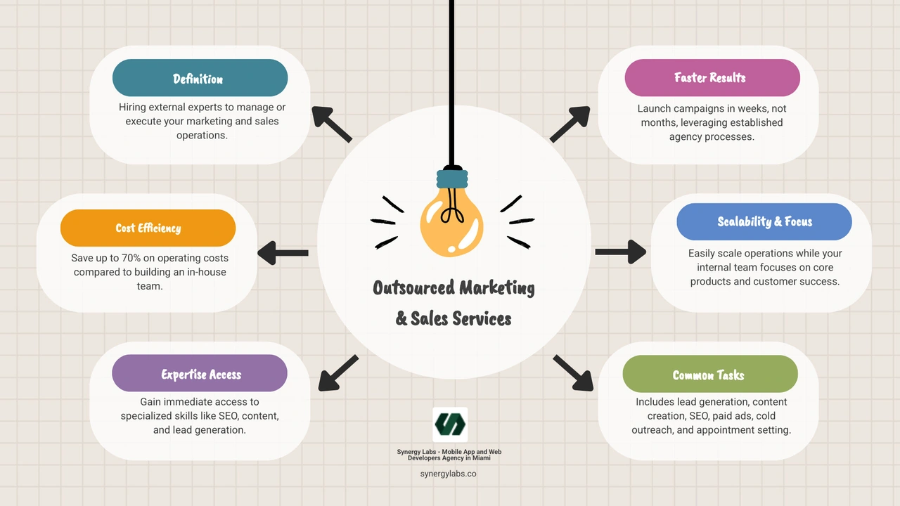 Infographic detailing what outsourced marketing and sales services entail, including key definitions, primary benefits like cost reduction and access to expertise, and common functions that can be outsourced such as lead generation, content creation, and appointment setting - outsourced marketing and sales services infographic brainstorm-6-items