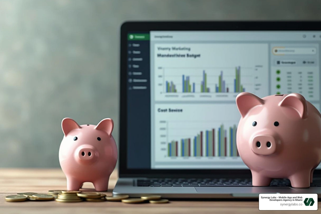 A piggy bank next to a laptop showing a marketing dashboard, symbolizing cost savings and efficient budget management through outsourced marketing and sales services - outsourced marketing and sales services
