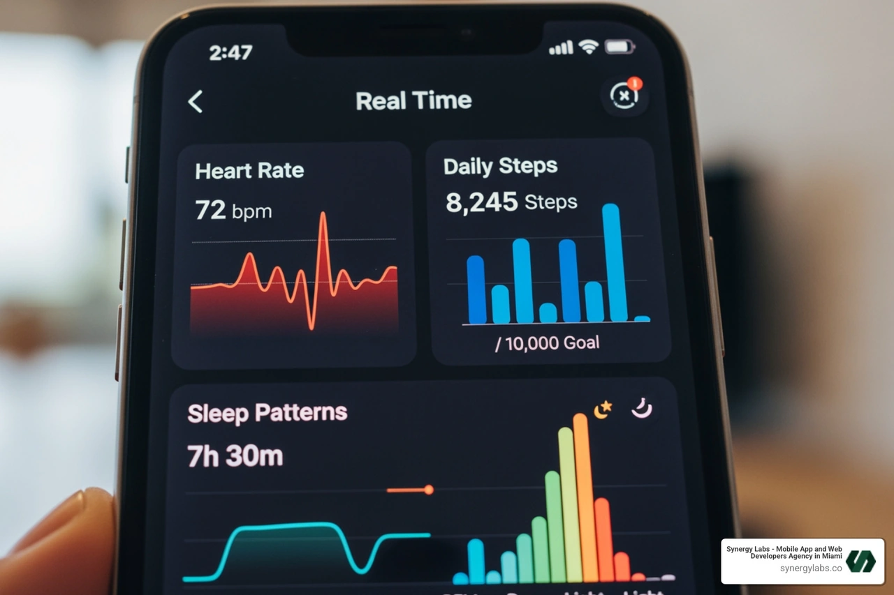 mobile app dashboard showing real-time heart rate, steps, and sleep data - Wearable & IoT Integration in Mobile Apps: Real-Time Health Tracking and a Truly Connected Life mobile app dashboard showing real-time heart rate, steps, and sleep data - Wearable & IoT Integration in Mobile Apps: Real-Time Health Tracking and a Truly Connected Life