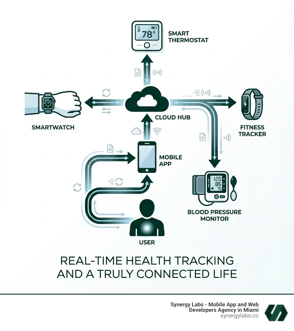 infographic showing a user at the center, connected to their mobile app via cloud, which links to a smartwatch on their wrist, a smart home thermostat, a fitness tracker, and a blood pressure monitor, with bidirectional arrows showing real-time data flow and sync between all devices - Wearable & IoT Integration in Mobile Apps: Real-Time Health Tracking and a Truly Connected Life infographic infographic showing a user at the center, connected to their mobile app via cloud, which links to a smartwatch on their wrist, a smart home thermostat, a fitness tracker, and a blood pressure monitor, with bidirectional arrows showing real-time data flow and sync between all devices - Wearable & IoT Integration in Mobile Apps: Real-Time Health Tracking and a Truly Connected Life infographic