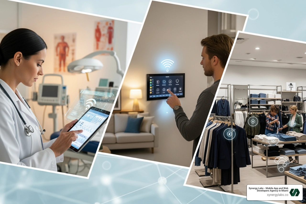 collage showing different industries: a doctor looking at a tablet, a smart home interface, a retail store with sensors - Wearable & IoT Integration in Mobile Apps: Real-Time Health Tracking and a Truly Connected Life collage showing different industries: a doctor looking at a tablet, a smart home interface, a retail store with sensors - Wearable & IoT Integration in Mobile Apps: Real-Time Health Tracking and a Truly Connected Life