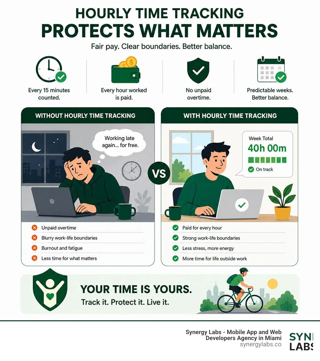 Infographic showing how hourly time tracking protects developer work-life balance and prevents unpaid overtime infographic