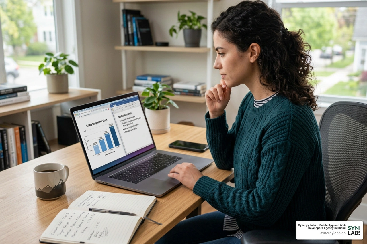 Software developer analyzing salary trends and negotiation strategies on a laptop