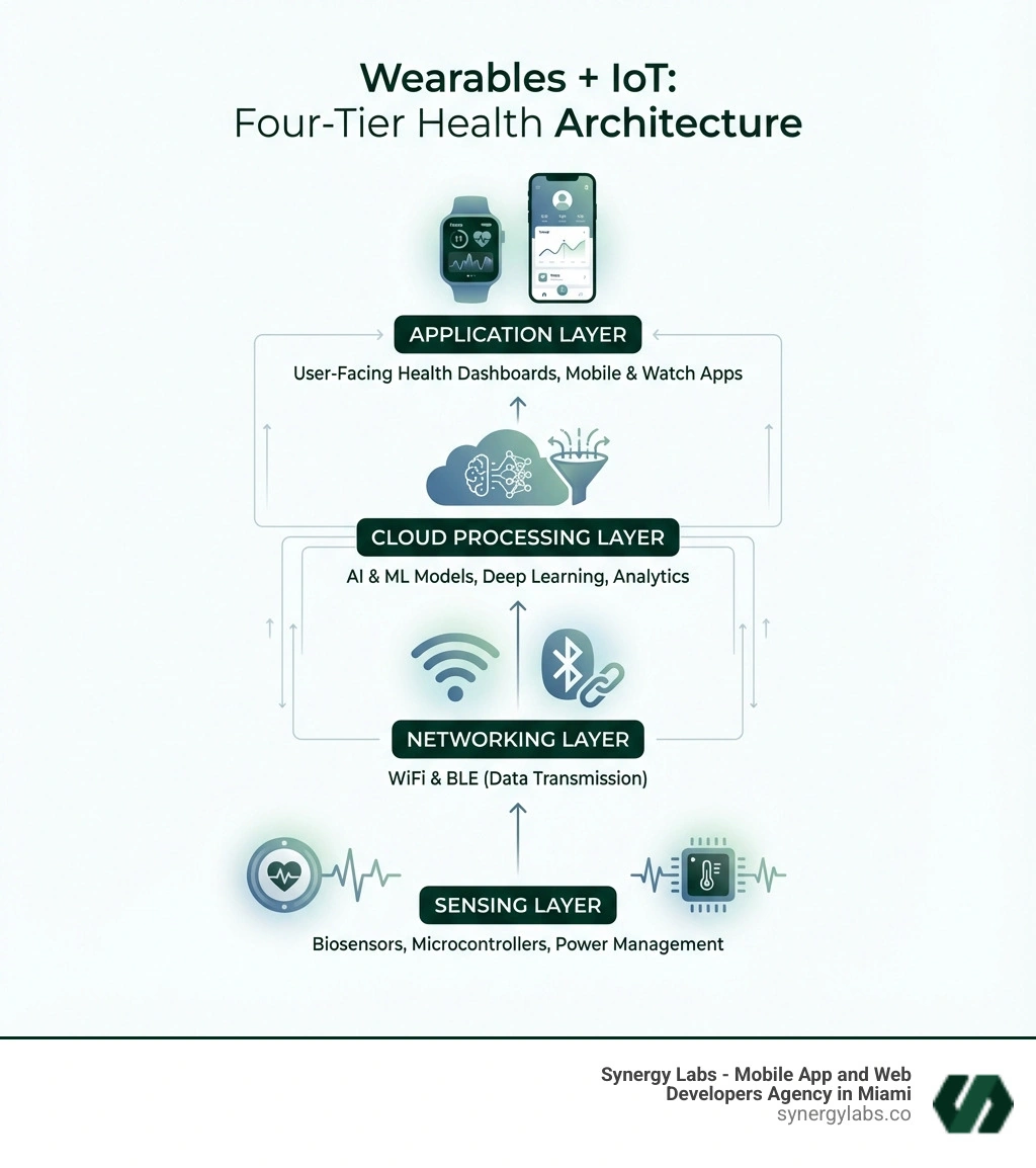 infographic showing the four-tier architecture of wearables and IoT health apps: sensing layer with biosensors, networking layer with WiFi and BLE, cloud processing layer with AI and ML models, and application layer with user-facing health dashboards - Wearables + IoT: The Blueprint for Smarter, Health-Aware Mobile Apps infographic infographic showing the four-tier architecture of wearables and IoT health apps: sensing layer with biosensors, networking layer with WiFi and BLE, cloud processing layer with AI and ML models, and application layer with user-facing health dashboards - Wearables + IoT: The Blueprint for Smarter, Health-Aware Mobile Apps infographic