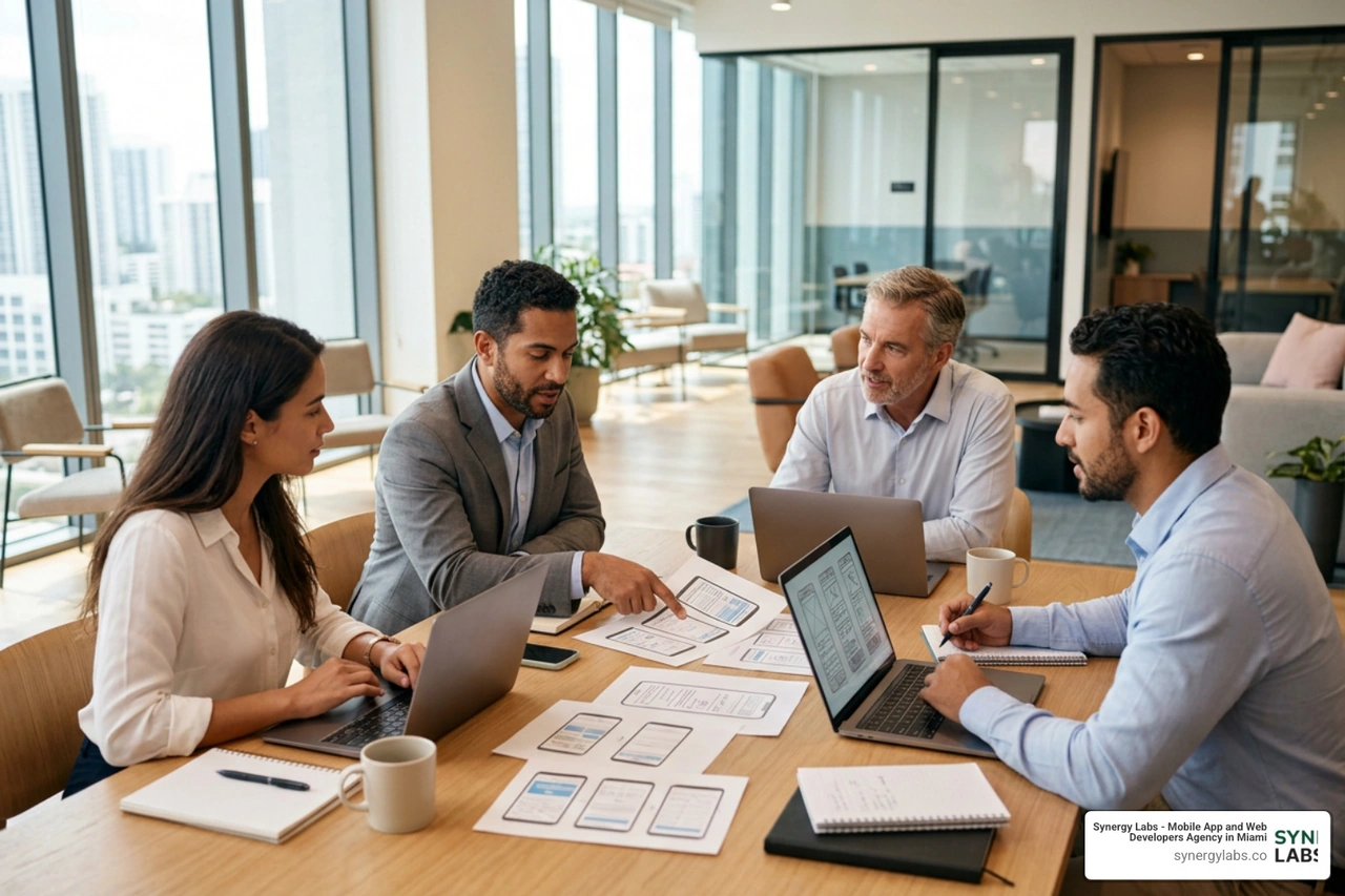 A collaborative client-developer meeting discussing wireframes in a modern workspace A collaborative client-developer meeting discussing wireframes in a modern workspace
