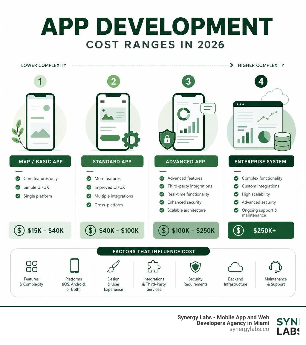 Infographic showing app development cost ranges from basic MVPs to complex enterprise systems infographic Infographic showing app development cost ranges from basic MVPs to complex enterprise systems infographic