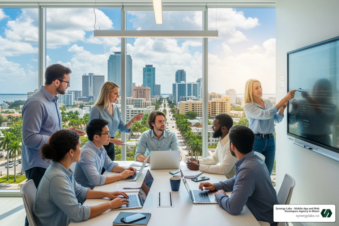 A diverse team of developers collaborating in a modern office with a view of a Florida city skyline - custom web & mobile app development company florida A diverse team of developers collaborating in a modern office with a view of a Florida city skyline - custom web & mobile app development company florida