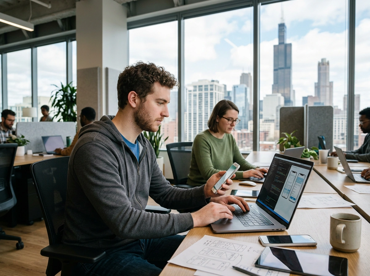 developers collaborating in a Chicago office developers collaborating in a Chicago office