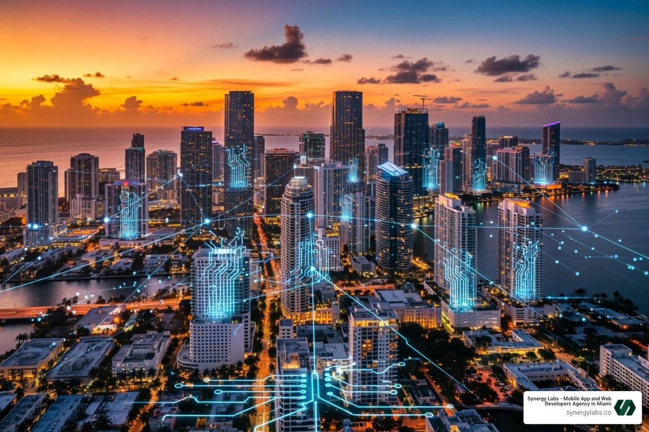 Miami skyline with tech-themed overlays - android mobile app development company miami Miami skyline with tech-themed overlays - android mobile app development company miami