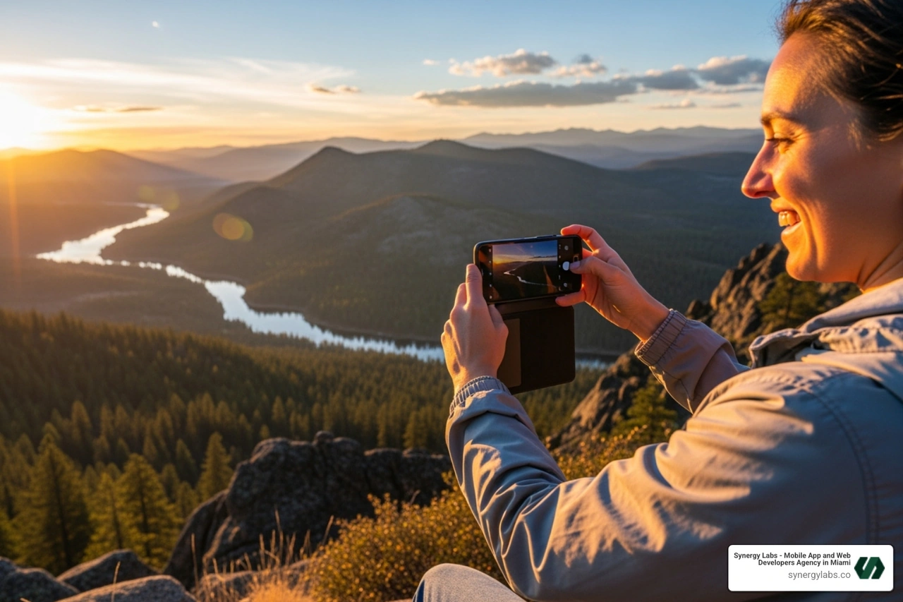 Person happily taking a photo with their Android phone in a beautiful location - top paid camera apps for android Person happily taking a photo with their Android phone in a beautiful location - top paid camera apps for android