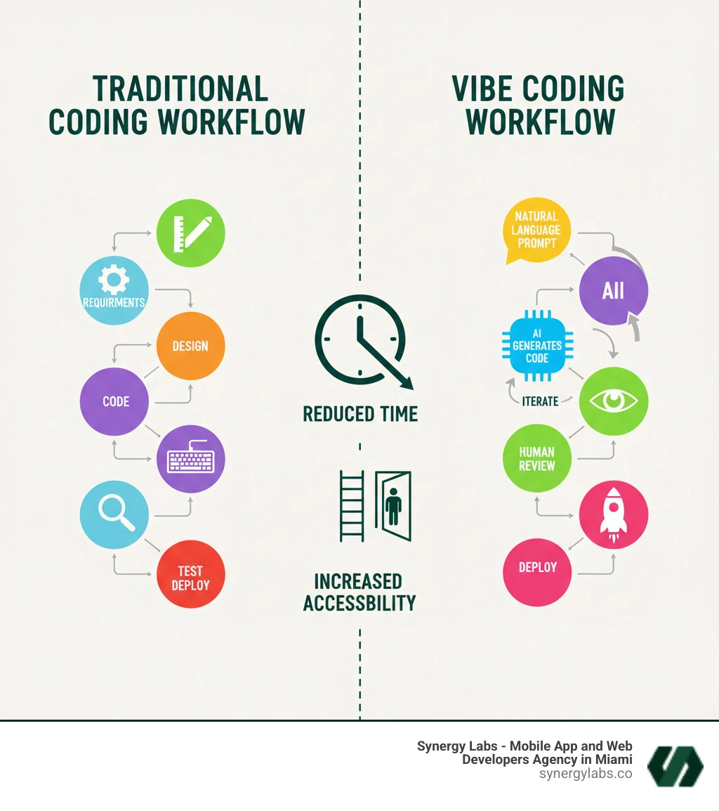 Infographic comparing traditional coding workflow (requirements → design → code → test → deploy) with vibe coding workflow (natural language prompt → AI generates code → human review → iterate → deploy), highlighting reduced time and increased accessibility - ⦁ Best vibe coding platforms of 2025 infographic Infographic comparing traditional coding workflow (requirements → design → code → test → deploy) with vibe coding workflow (natural language prompt → AI generates code → human review → iterate → deploy), highlighting reduced time and increased accessibility - ⦁ Best vibe coding platforms of 2025 infographic
