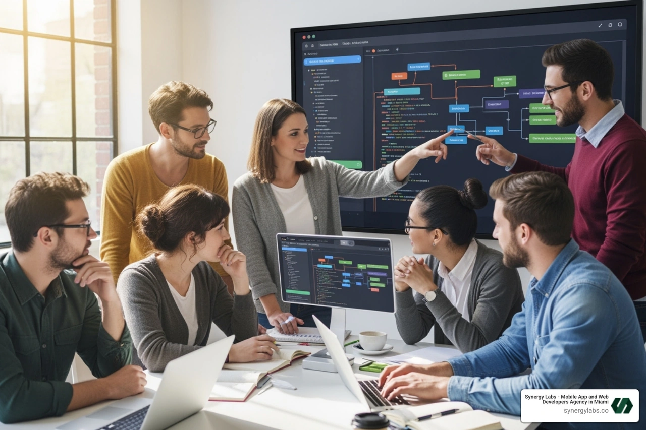 Image of a diverse team collaborating around a screen showing an AI-powered development tool - ⦁ Best vibe coding platforms of 2025 Image of a diverse team collaborating around a screen showing an AI-powered development tool - ⦁ Best vibe coding platforms of 2025
