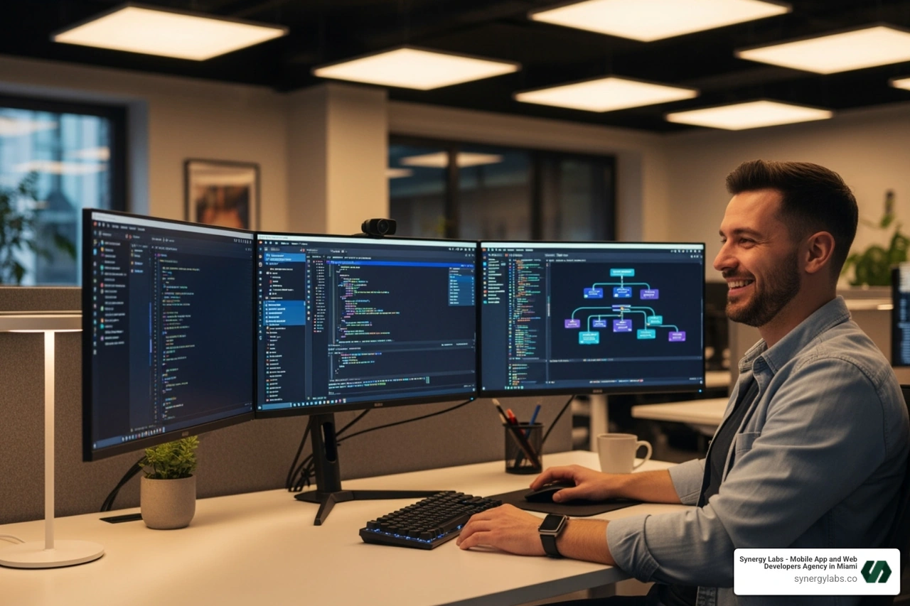 Image of a developer smiling while interacting with a vibe coding platform on a multi-monitor setup - ⦁ Best vibe coding platforms of 2025 Image of a developer smiling while interacting with a vibe coding platform on a multi-monitor setup - ⦁ Best vibe coding platforms of 2025