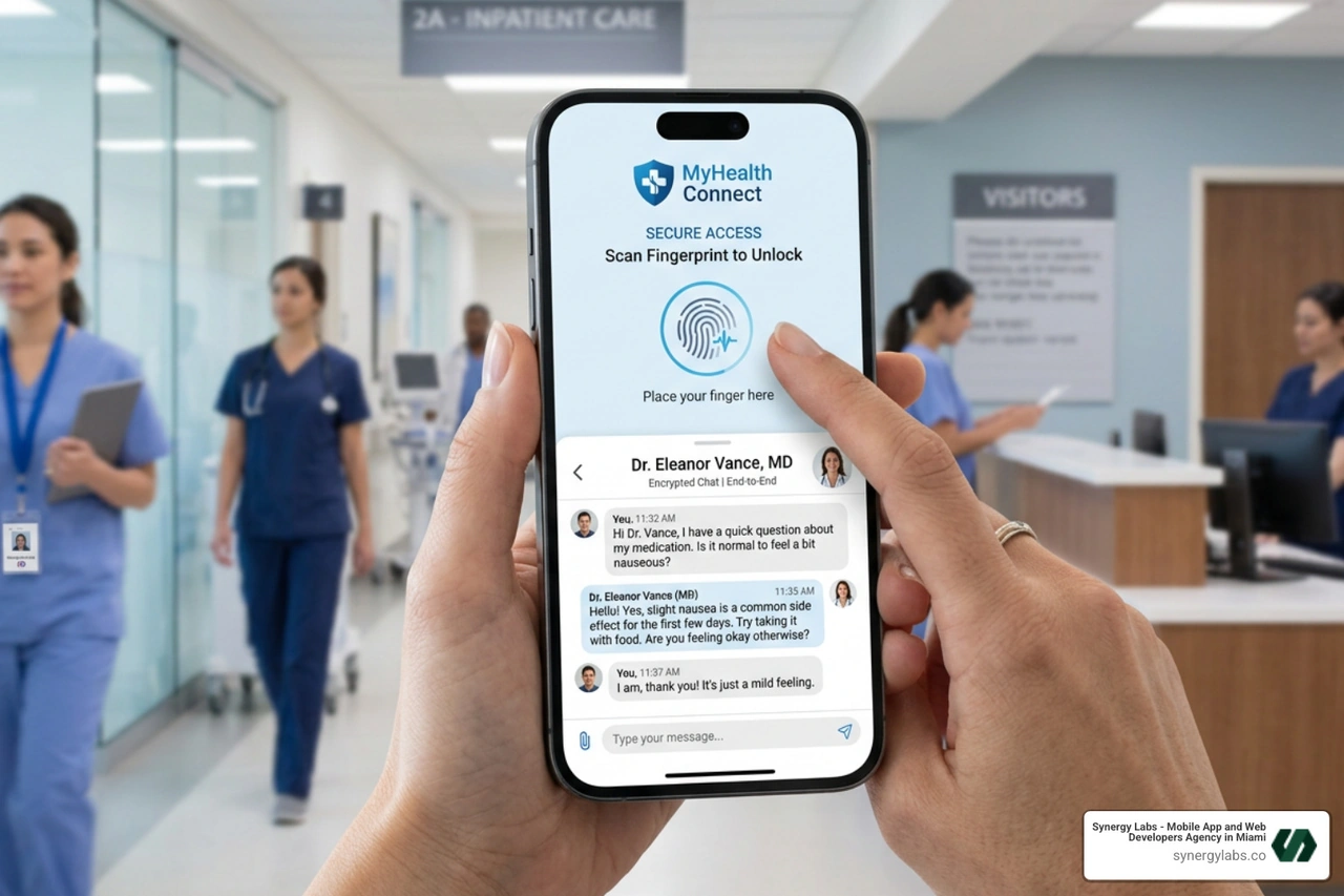 Secure mobile health app interface featuring biometric login and encrypted messaging - Miami Healthcare App Development