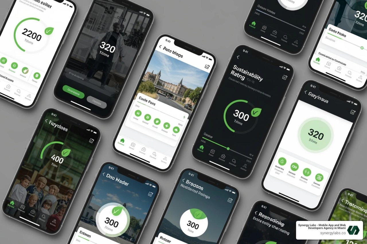 collage of different app interfaces showing sustainability ratings - app that rates how environmentally friendly companies are