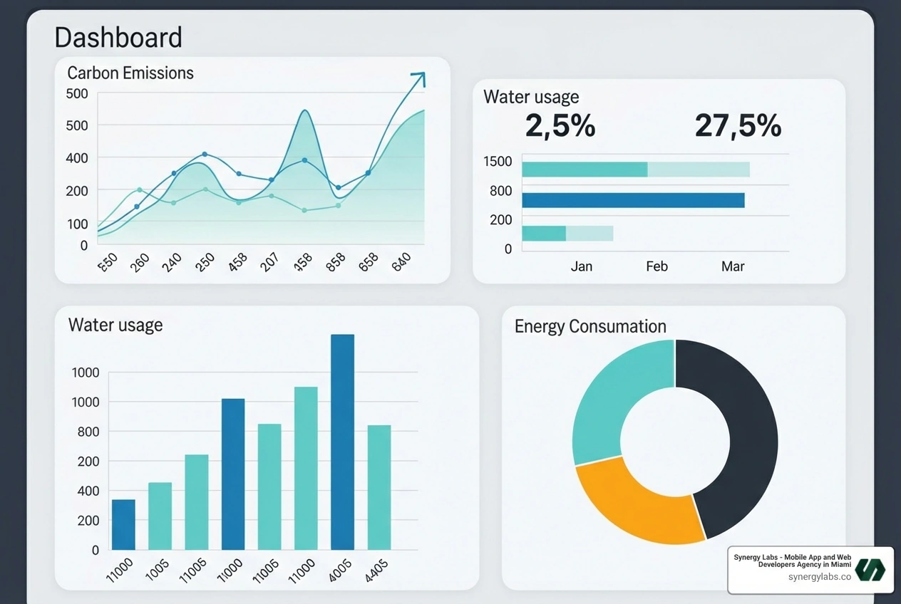 dashboard showing various environmental metrics like carbon emissions and water usage - app that rates how environmentally friendly companies are