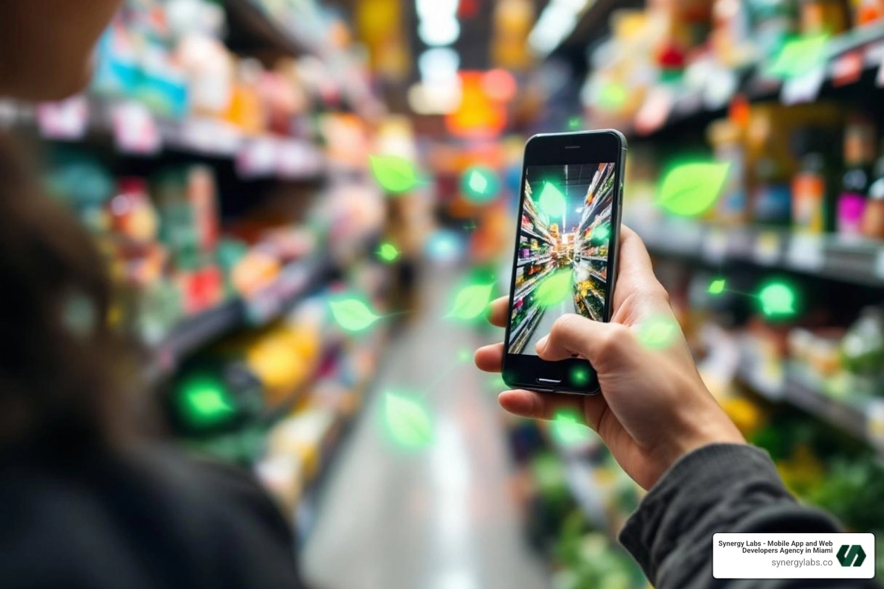 person using smartphone to scan a product in a grocery store, with green leaf icons overlaid - app that rates how environmentally friendly companies are
