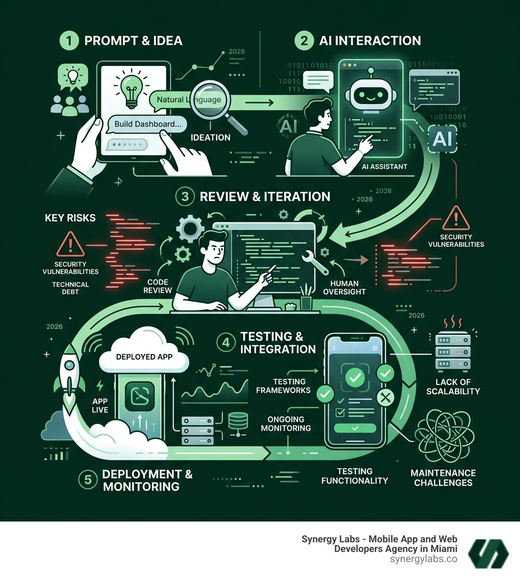 Vibe coding lifecycle infographic from prompt to deployed app with key steps and risks - Vibe Coding Developers infographic Vibe coding lifecycle infographic from prompt to deployed app with key steps and risks - Vibe Coding Developers infographic